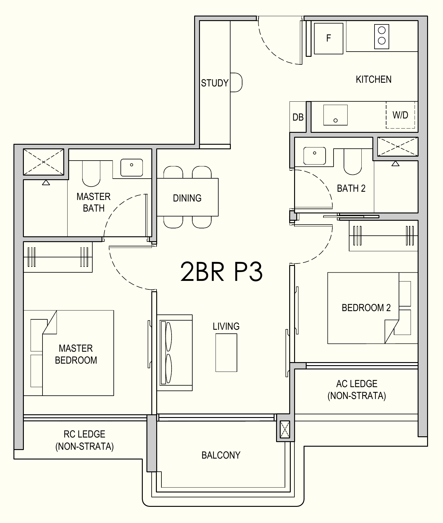 Lentor Gardens Residences 2BR P3 floor plan, 2 bedrooms + study