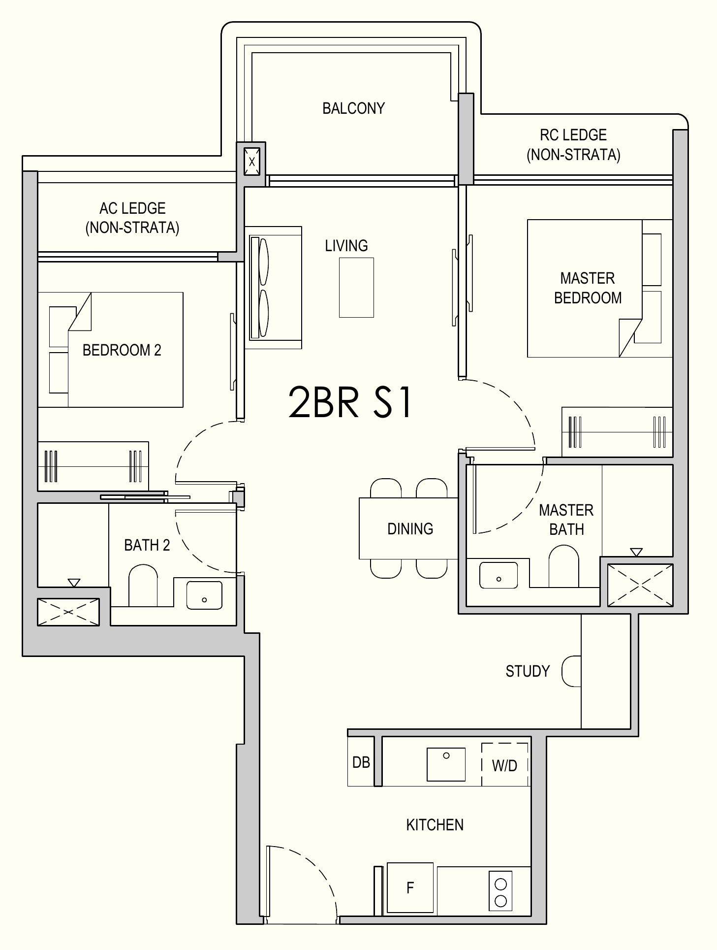 Lentor Gardens Residences 2BR S1 floor plan, 2 bedrooms + study