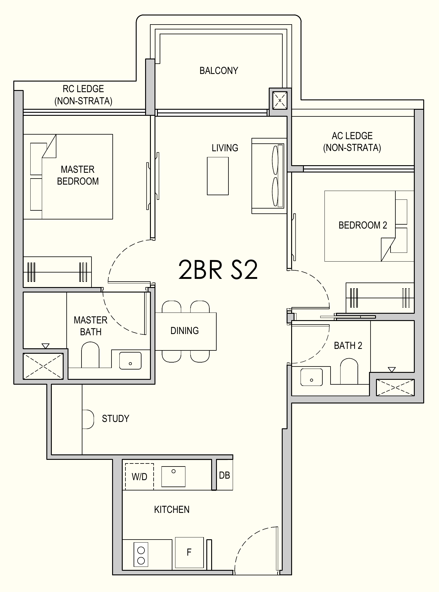 Lentor Gardens Residences 2BR S2 floor plan, 2 bedrooms + study