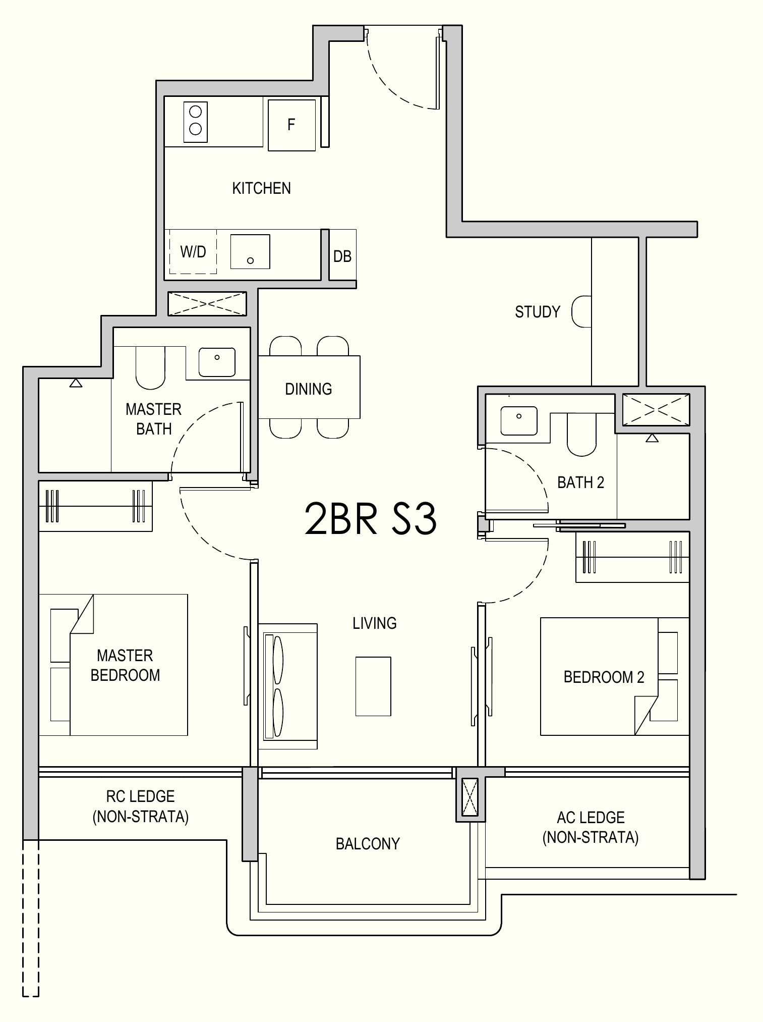 Lentor Gardens Residences 2BR S3 floor plan, 2 bedrooms + study