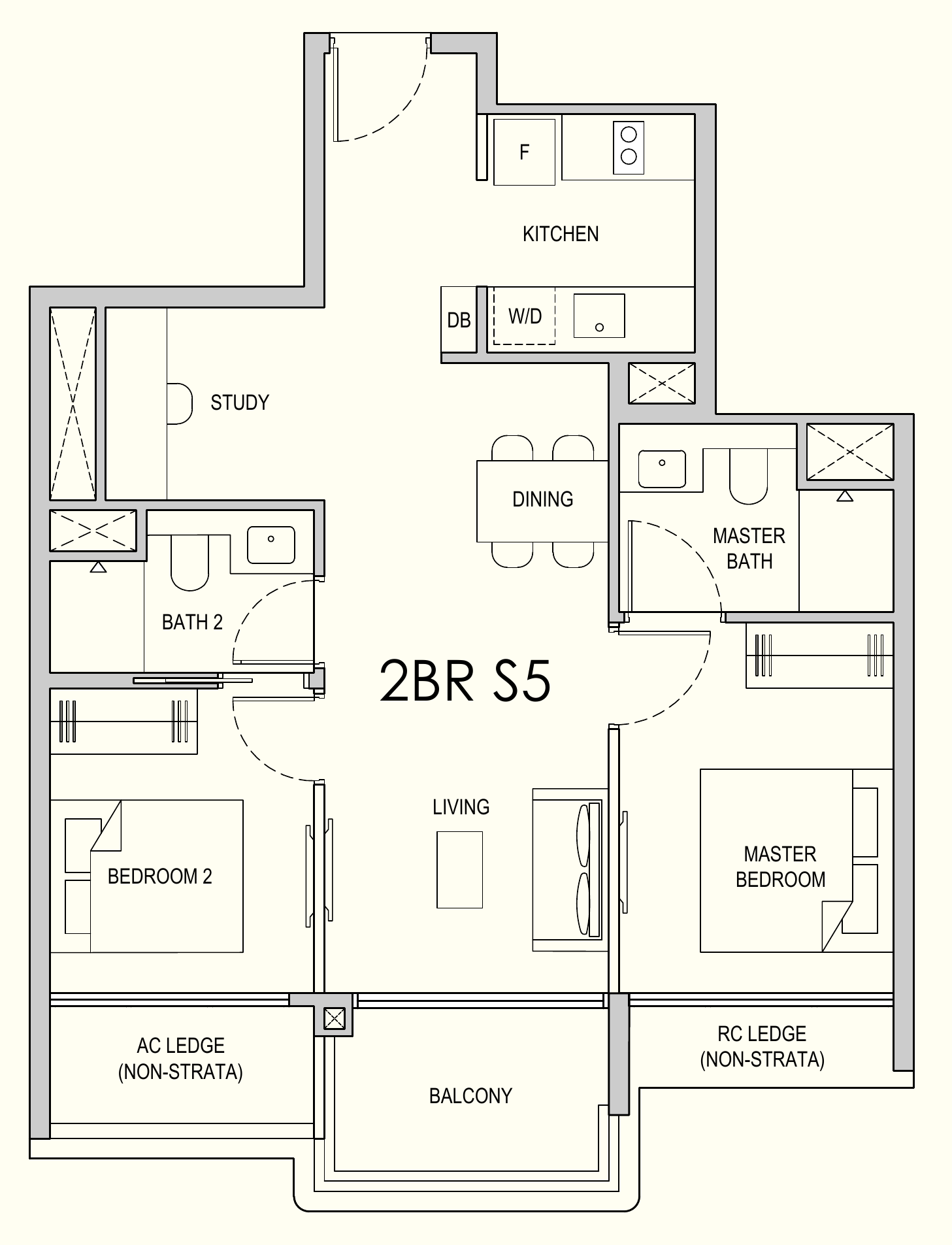 Lentor Gardens Residences 2BR S5 floor plan, 2 bedrooms + study