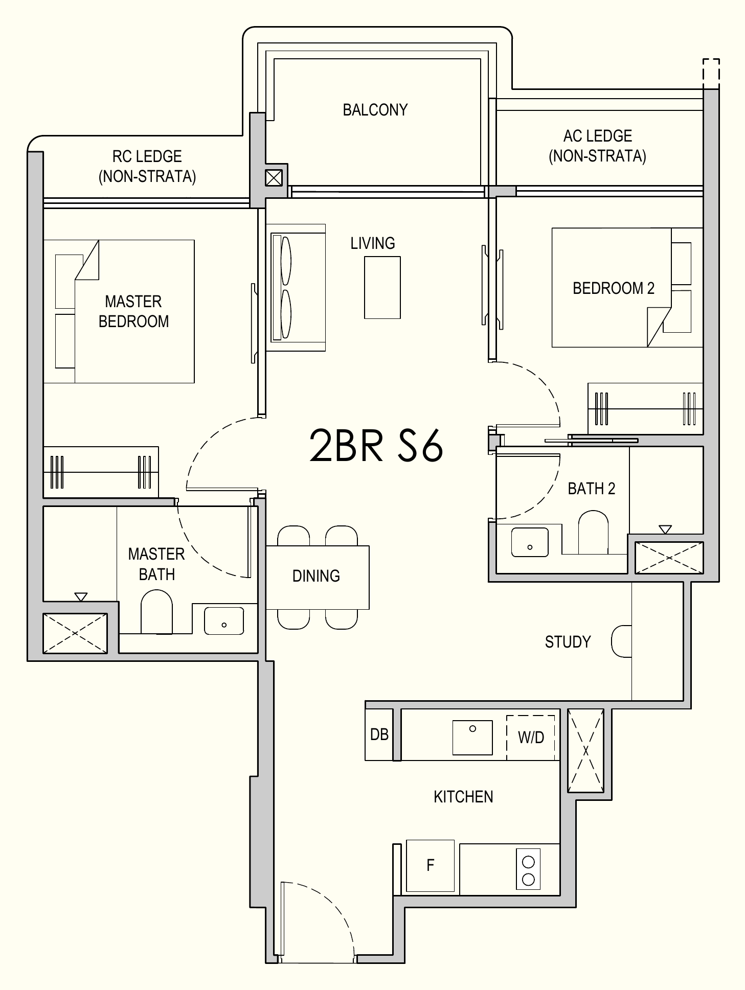 Lentor Gardens Residences 2BR S6 floor plan, 2 bedrooms + study