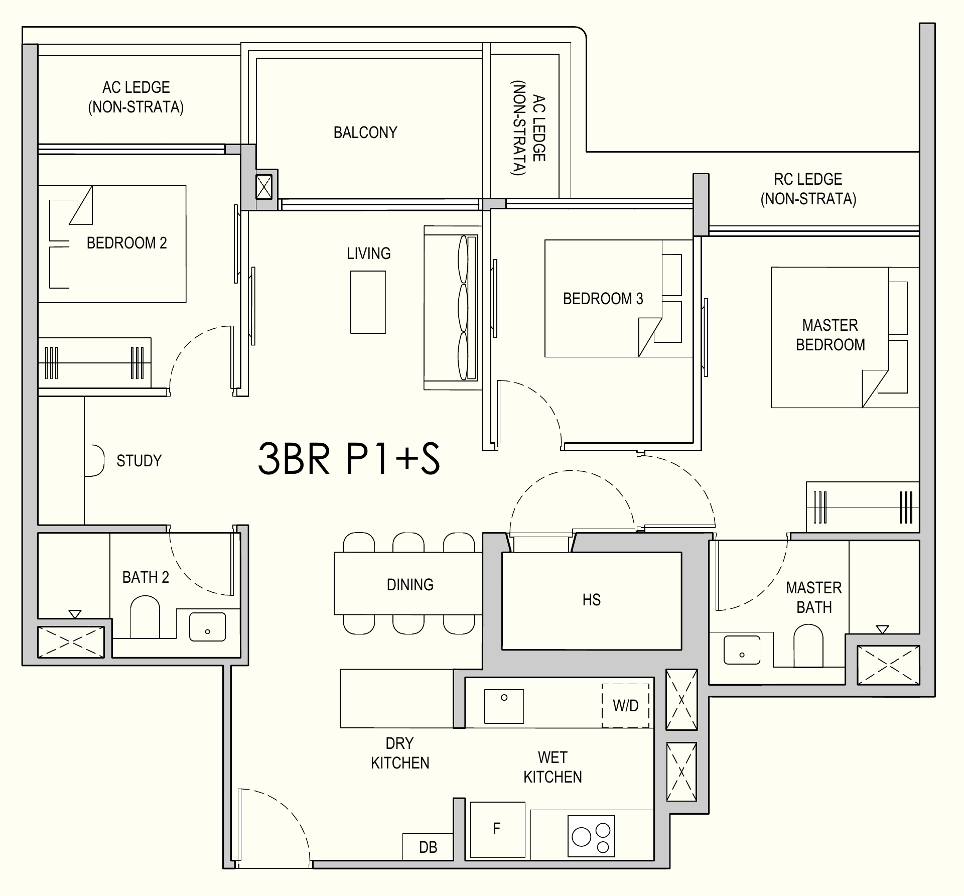 Lentor Gardens Residences 3BR P1+S floor plan, 3 bedrooms + study
