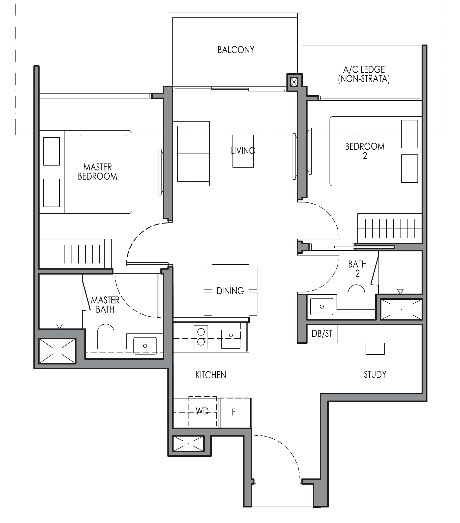 Lucerne Grand B2S floor plan, 2 bedrooms + study