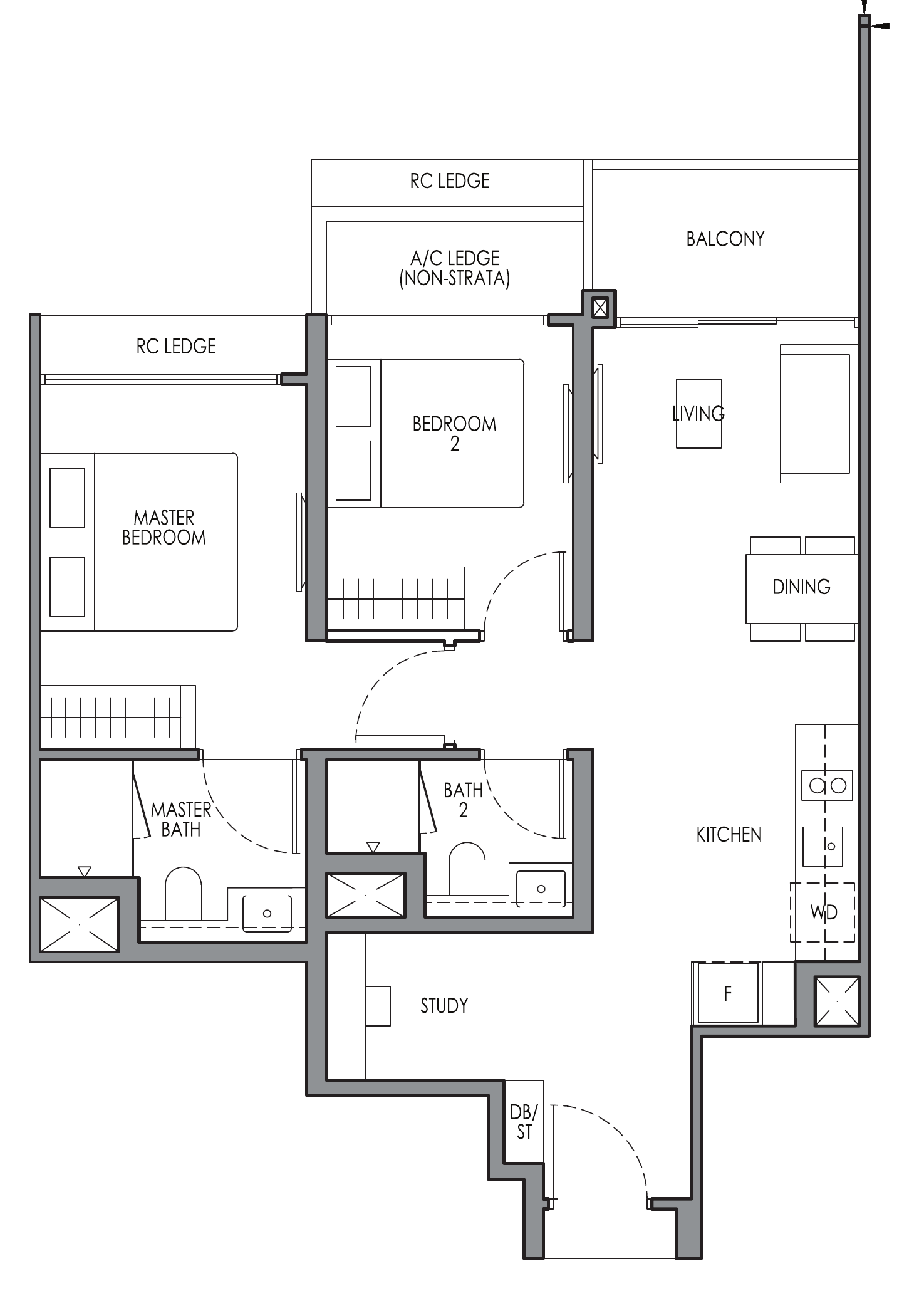 Lucerne Grand B3S floor plan, 2 bedrooms + study
