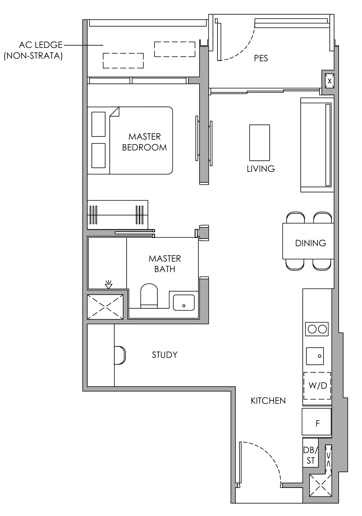 Narra Residences A1S floor plan, 1 bedroom + study