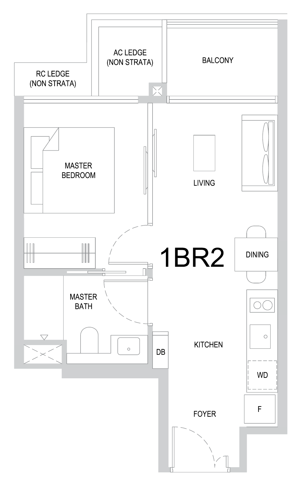 One Marina Gardens 1BR2 floor plan, 1 bedroom