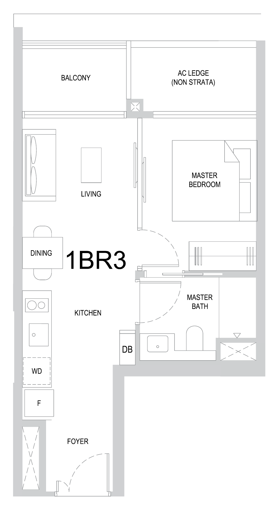 One Marina Gardens 1BR3 floor plan, 1 bedroom