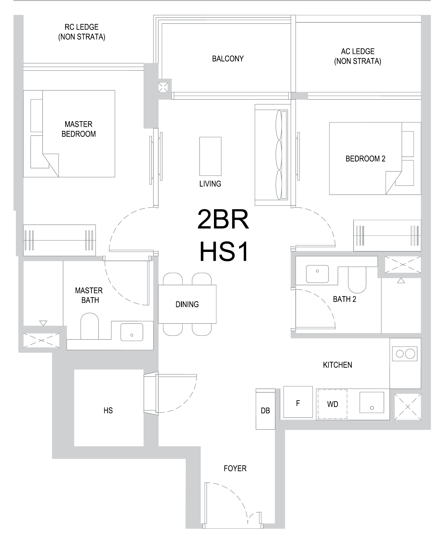 One Marina Gardens 2BR HS1 floor plan, 2 bedrooms