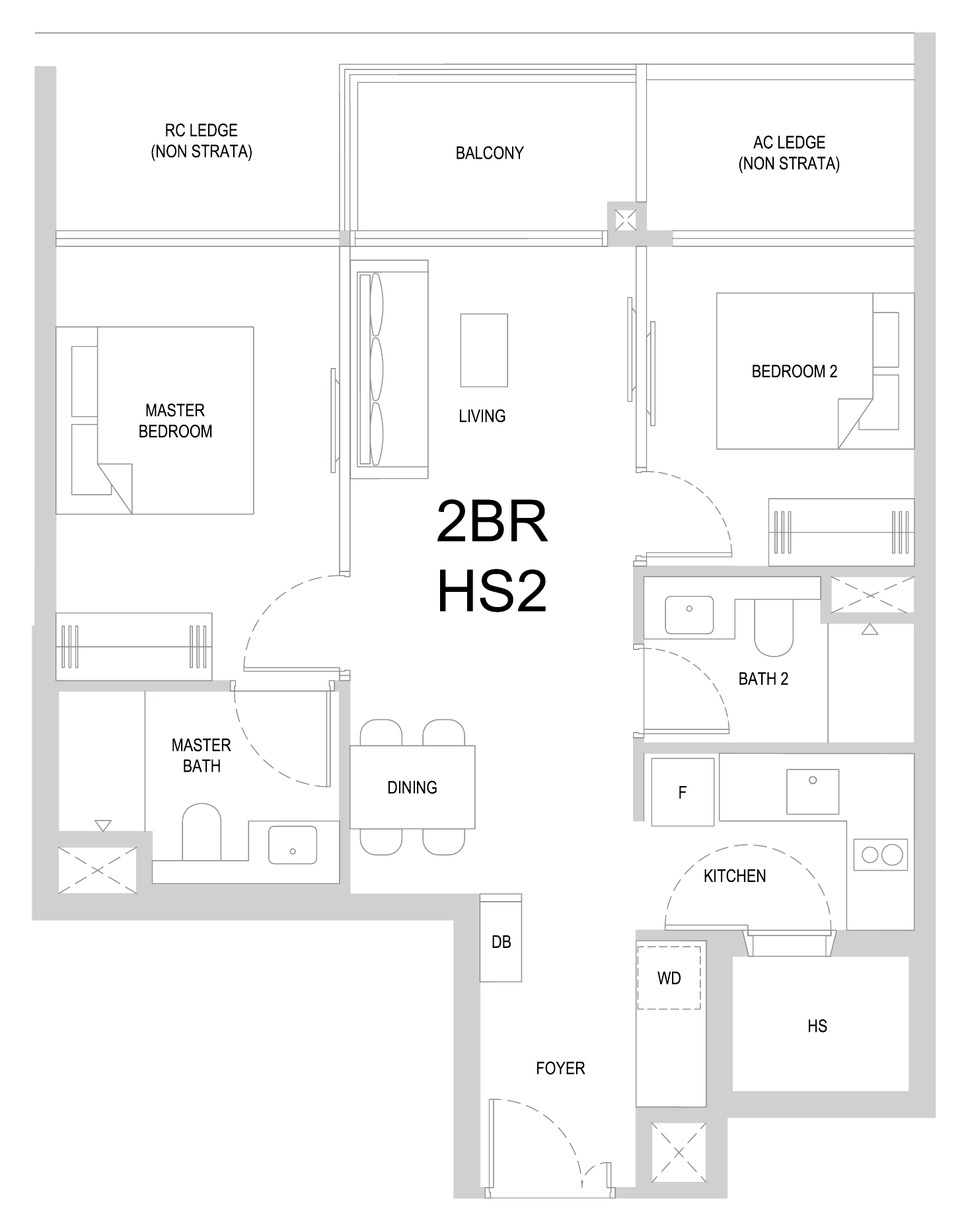 One Marina Gardens 2BR HS2 floor plan, 2 bedrooms
