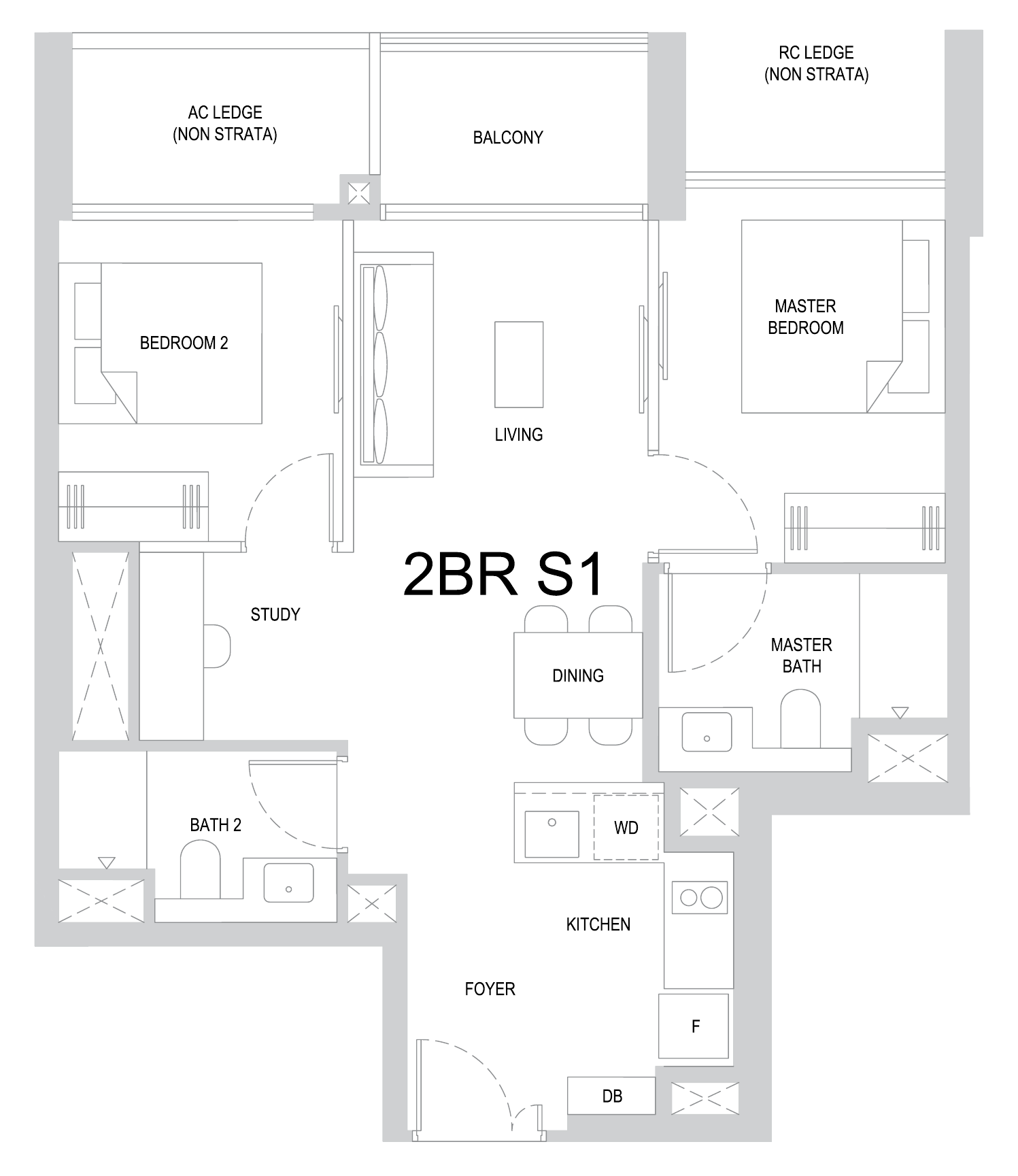 One Marina Gardens 2BR S1 floor plan, 2 bedrooms + study