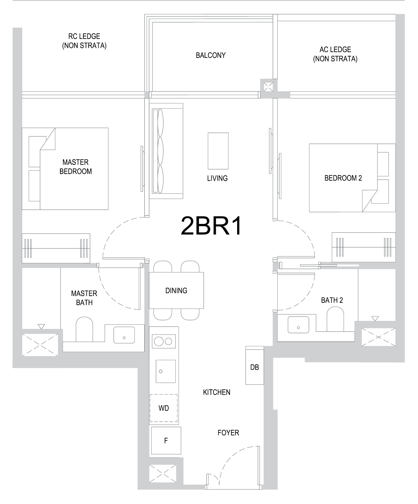One Marina Gardens 2BR1 floor plan, 2 bedrooms