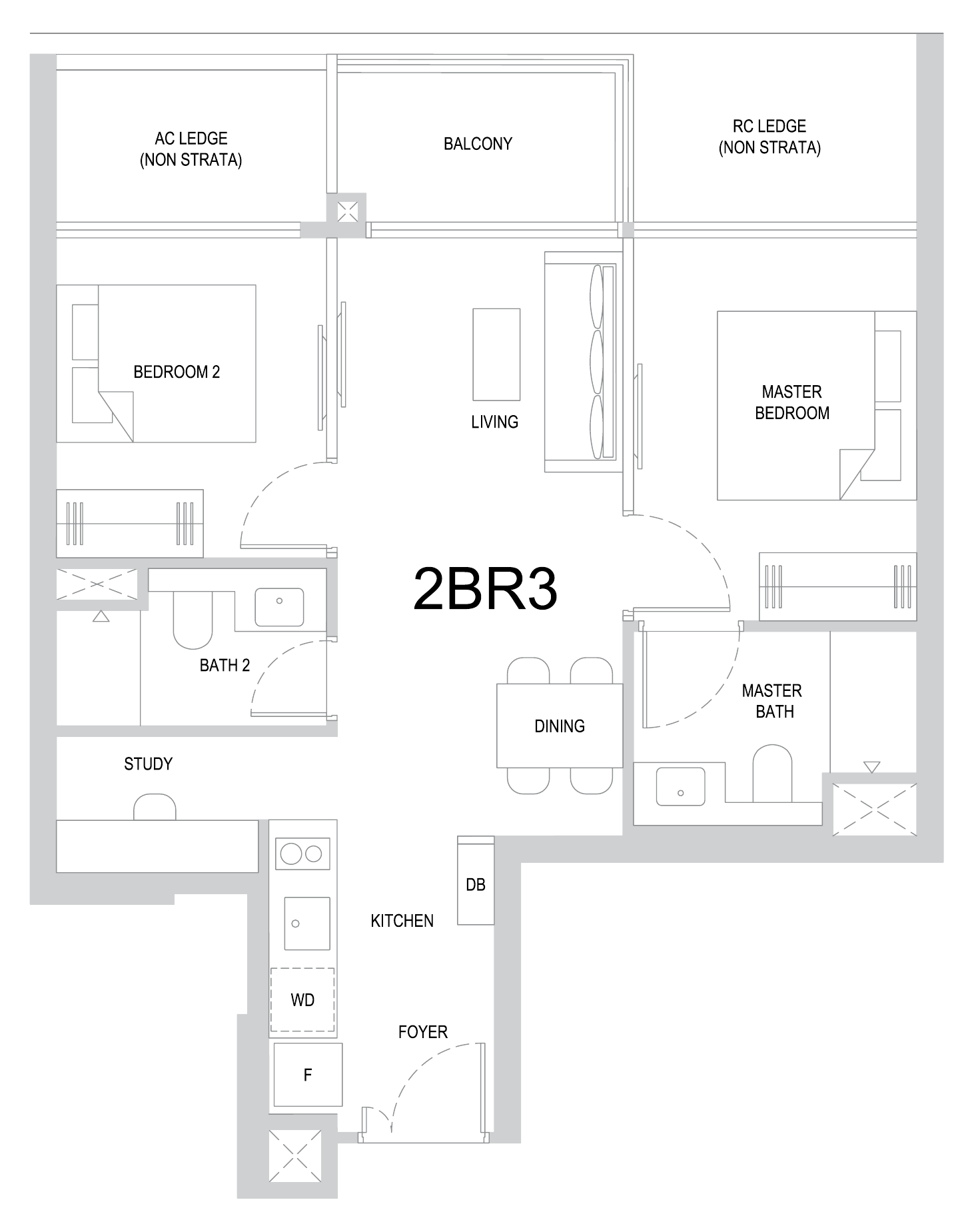 One Marina Gardens 2BR3 floor plan, 2 bedrooms + study
