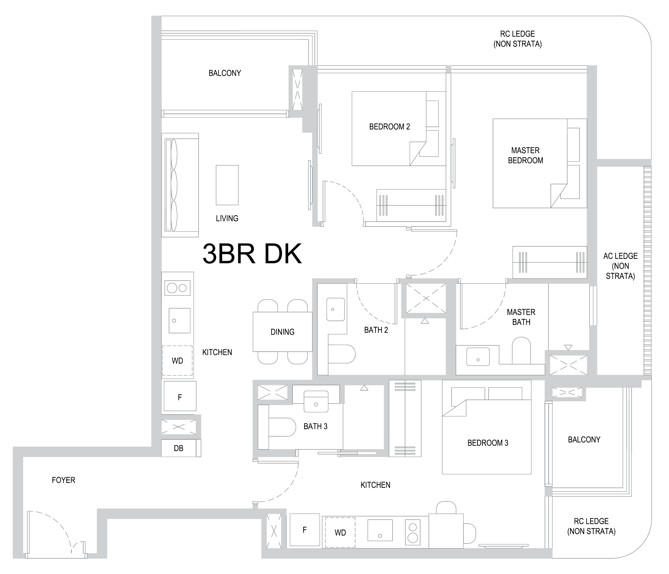 One Marina Gardens 3BR DK floor plan, 3 bedrooms