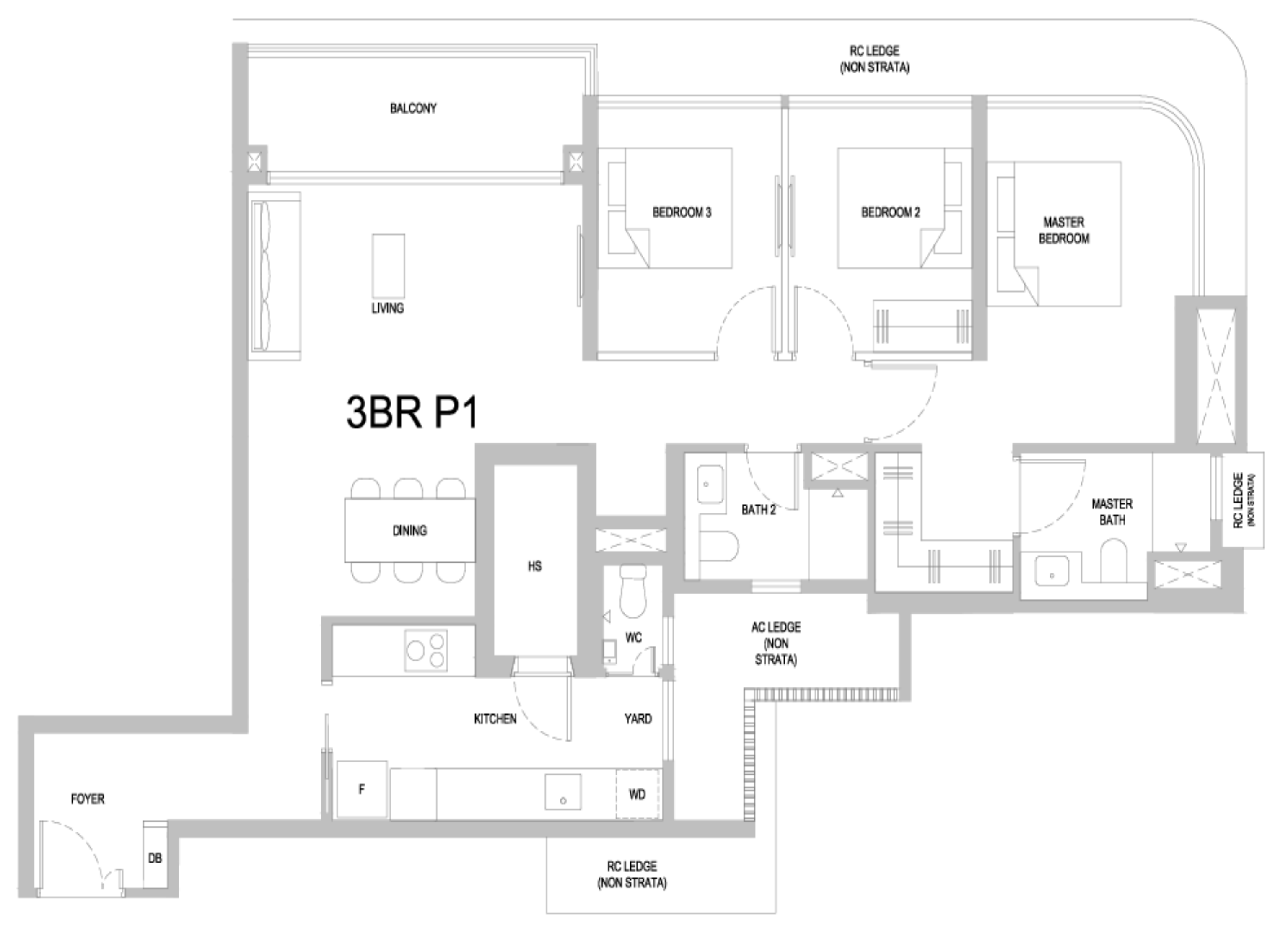 One Marina Gardens 3BR P1 floor plan, 3 bedrooms