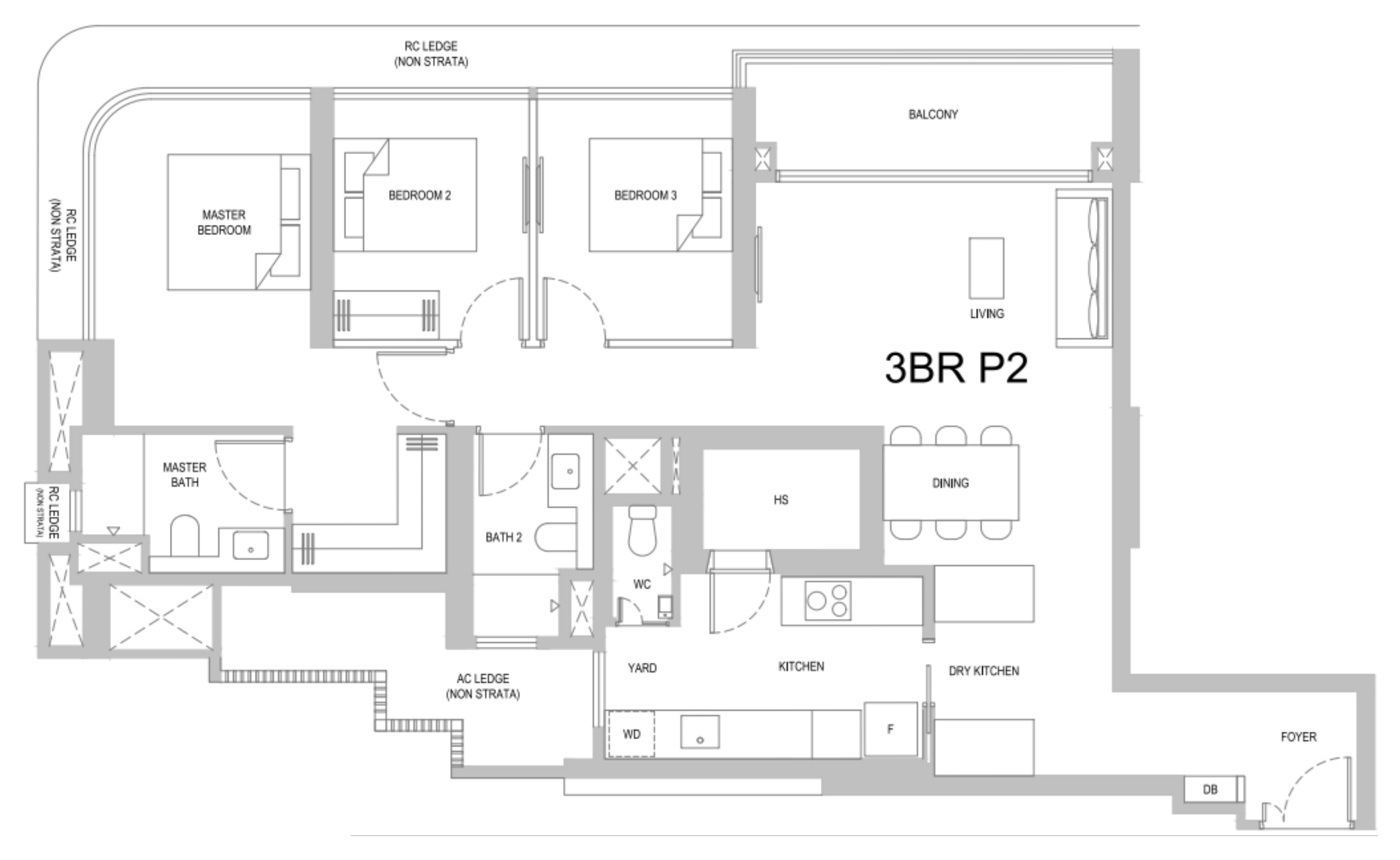 One Marina Gardens 3BR P2 floor plan, 3 bedrooms
