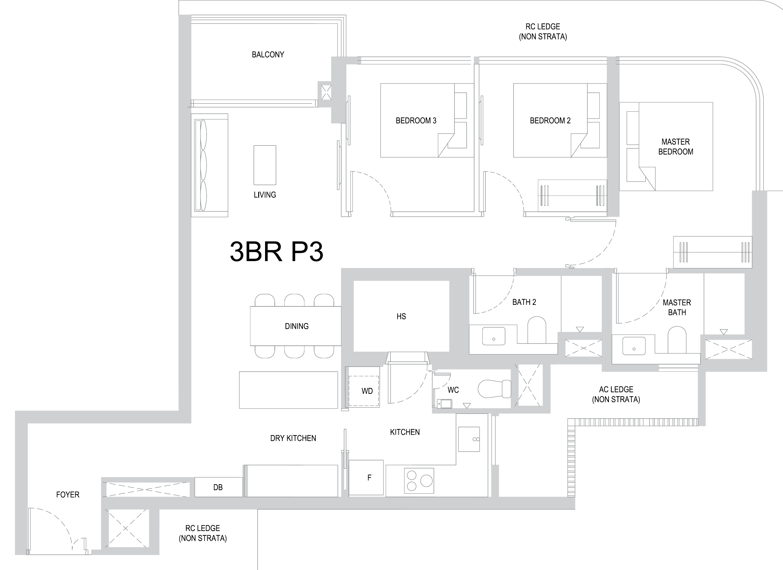 One Marina Gardens 3BR P3 floor plan, 3 bedrooms