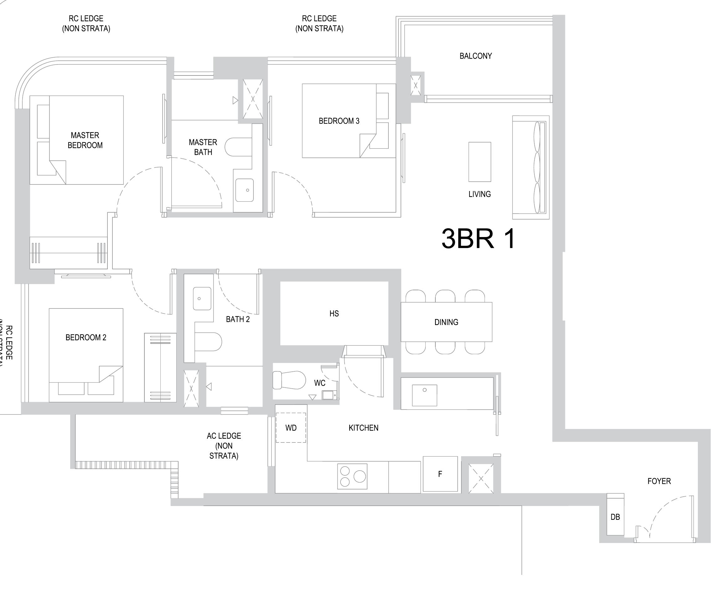 One Marina Gardens 3BR1 floor plan, 3 bedrooms