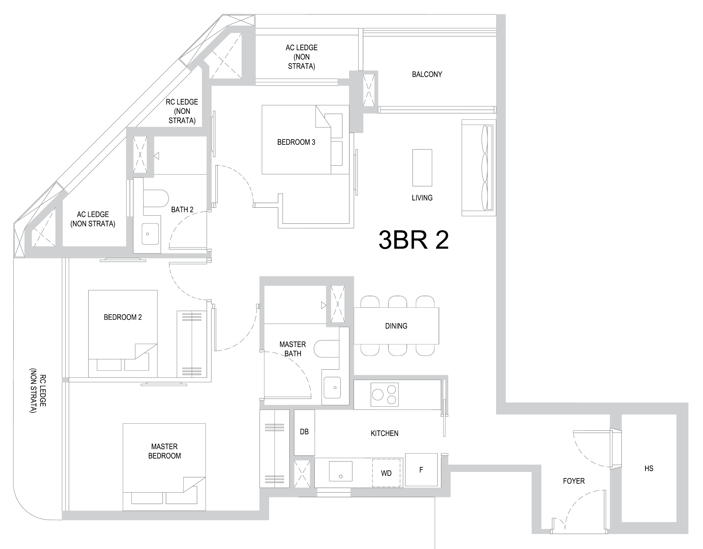One Marina Gardens 3BR2 floor plan, 3 bedrooms