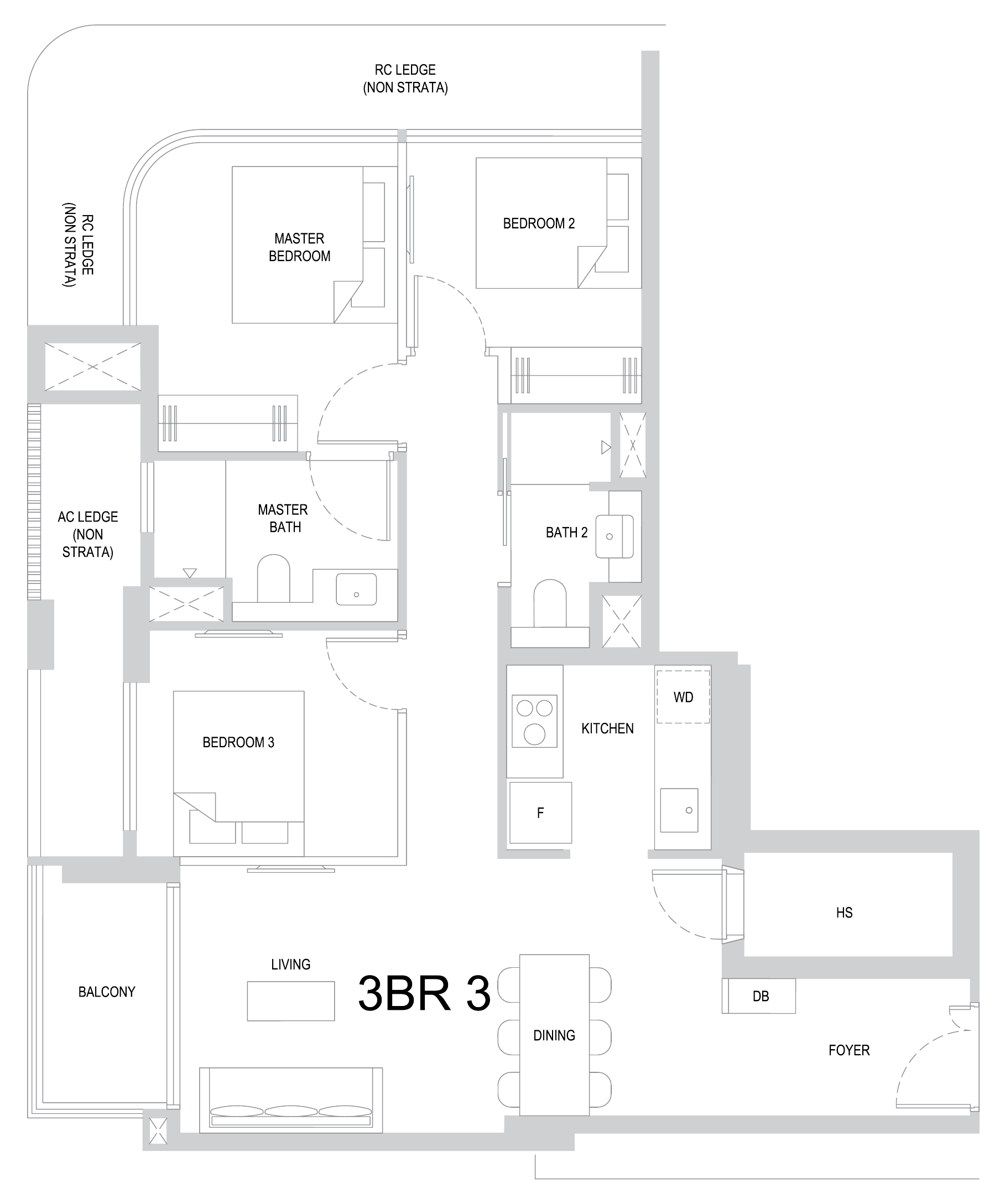One Marina Gardens 3BR3 floor plan, 3 bedrooms