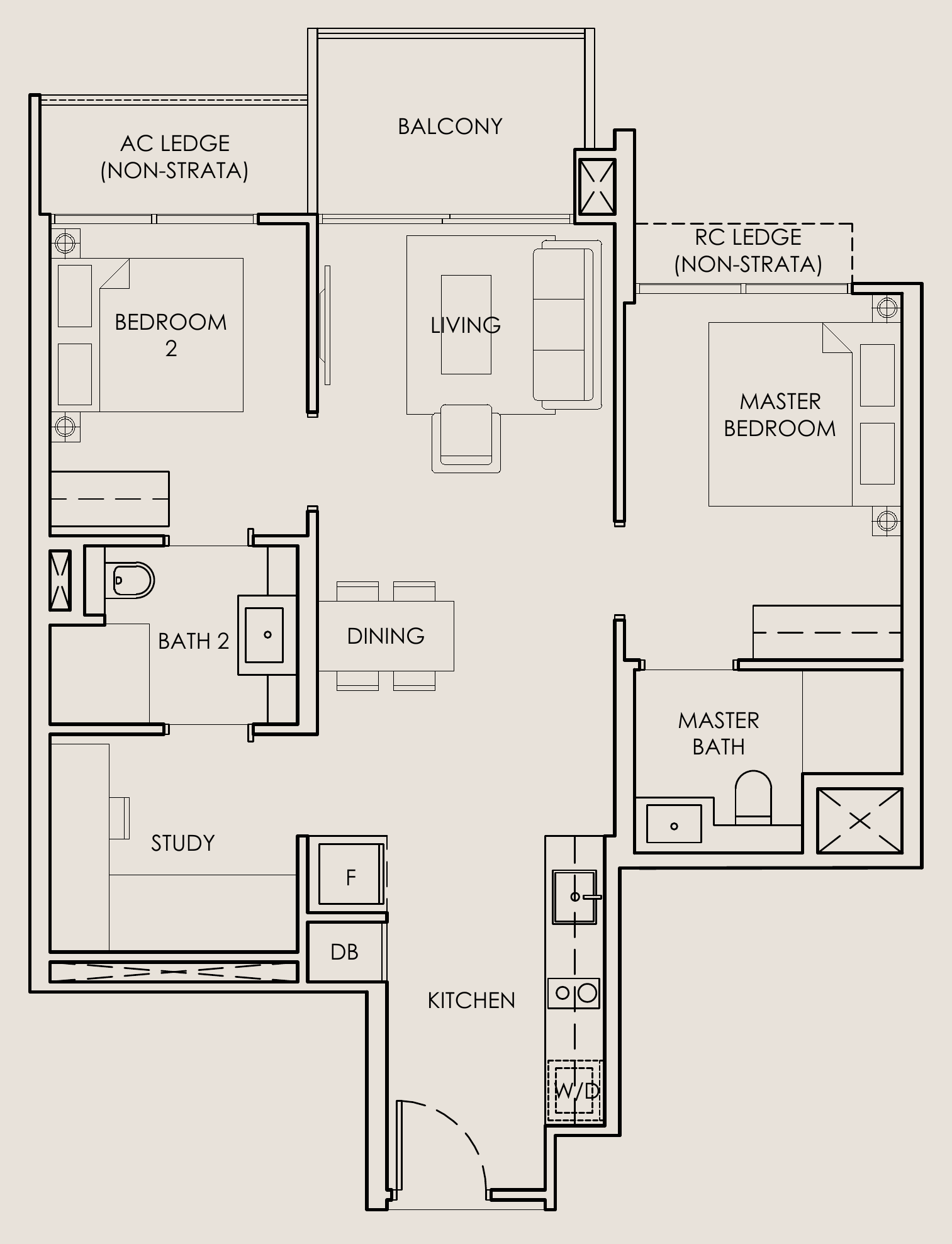 The Sen B4 floor plan, 2 bedrooms + study