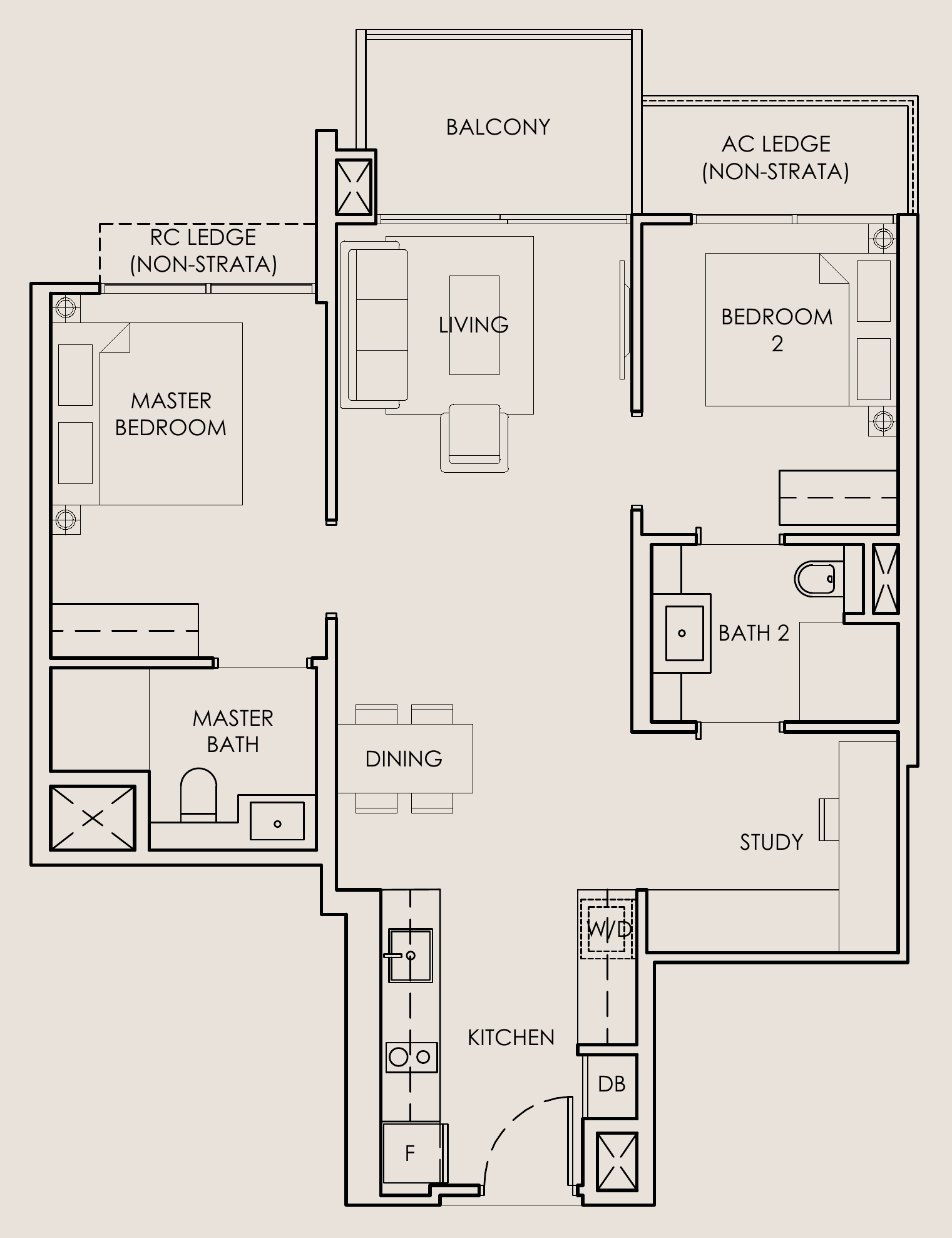 The Sen B4A floor plan, 2 bedrooms + study