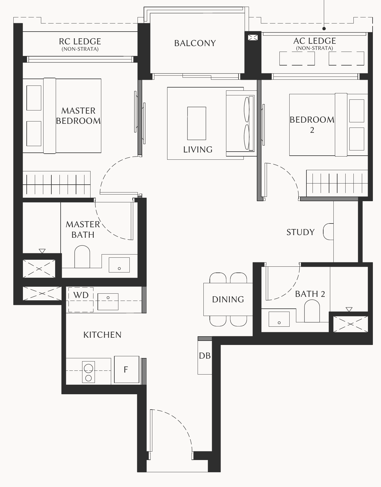 The Serra Residences B1 floor plan, 2 bedrooms + study