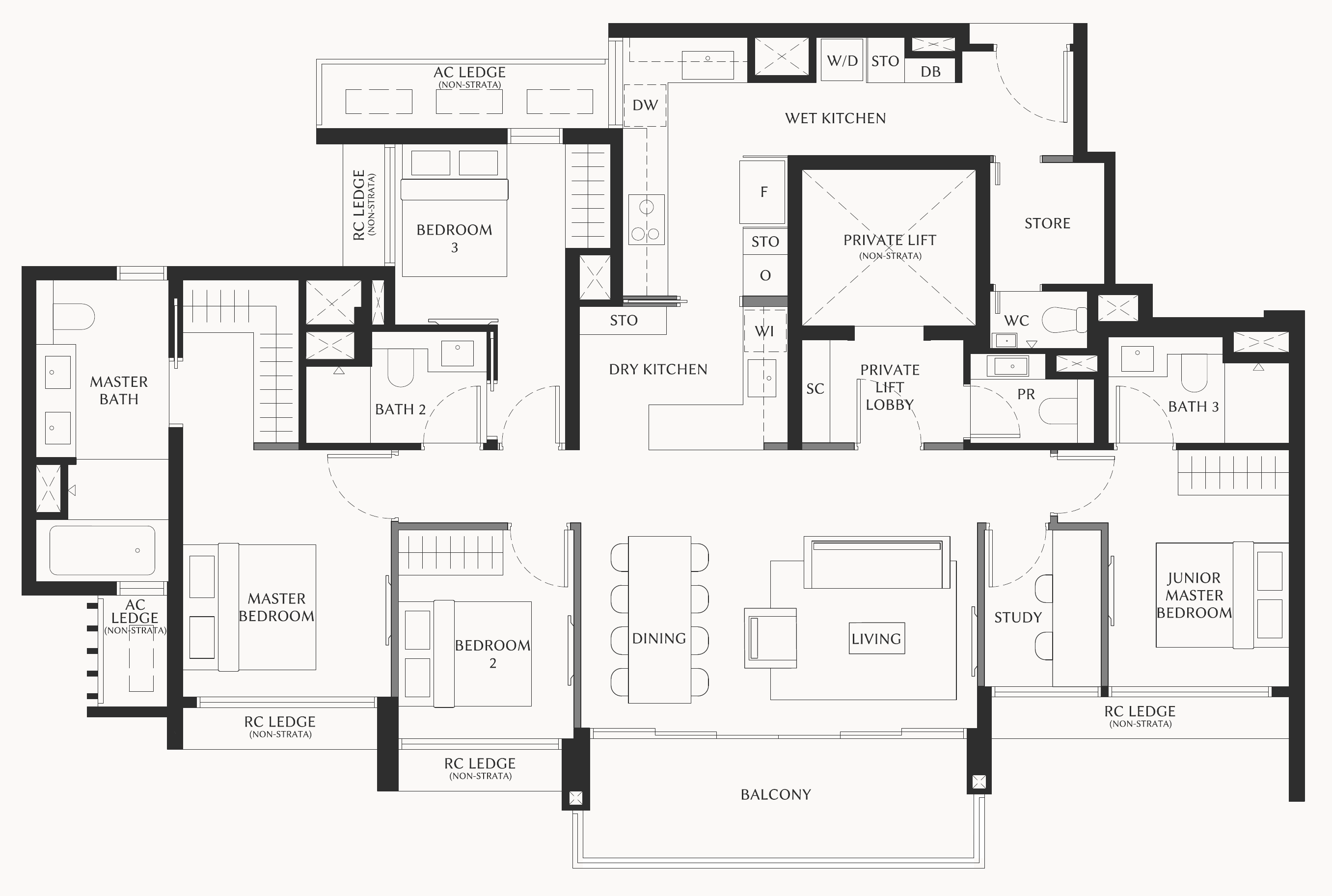 The Serra Residences D4 floor plan, 4 bedrooms + study